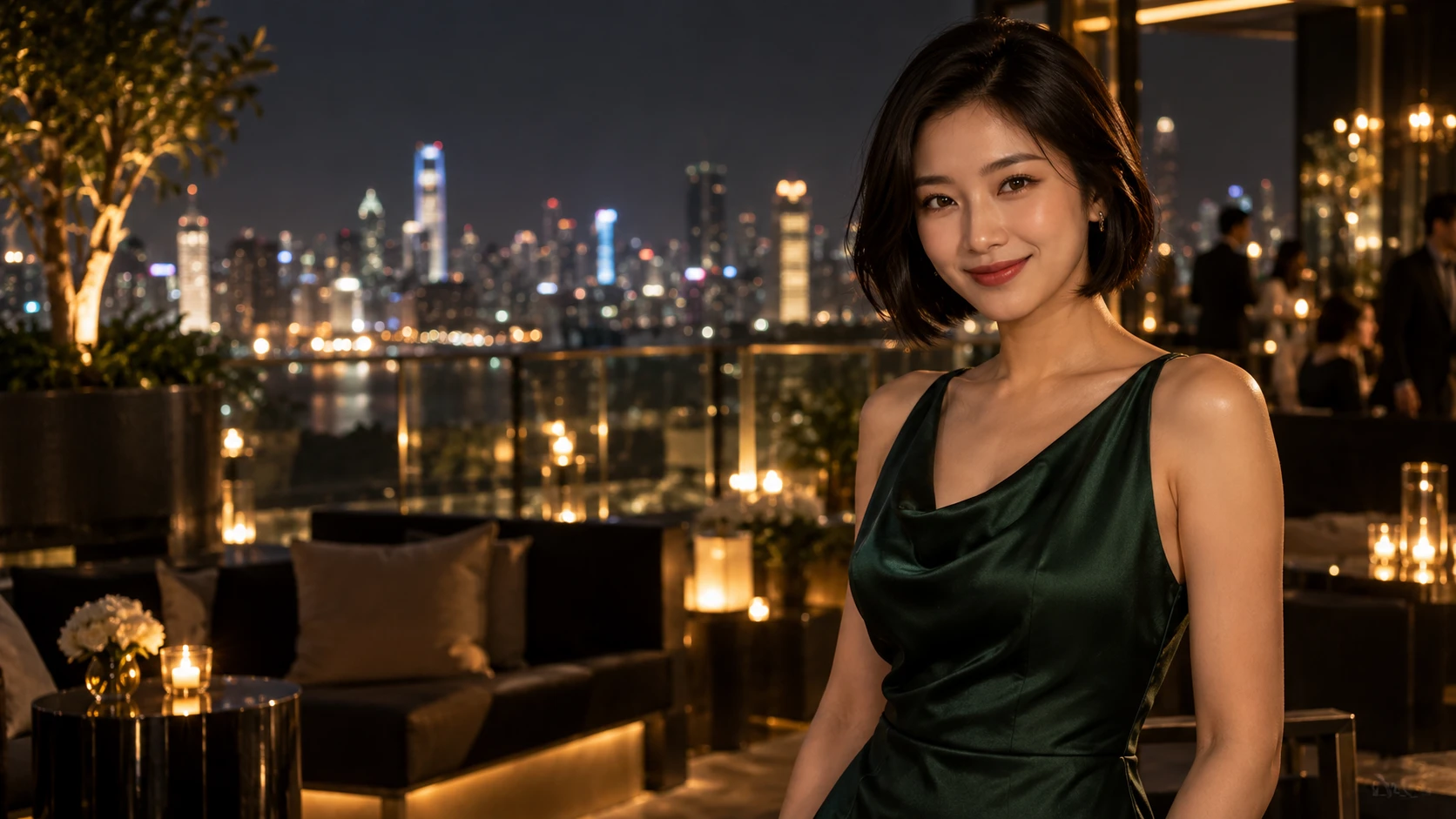 Femme en robe verte accoudée à la rambarde d'un toit-terrasse, panorama urbain de nuit
